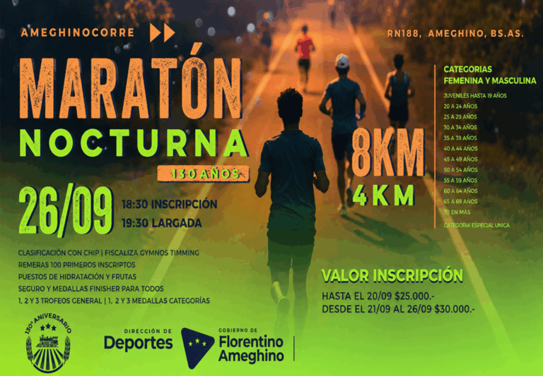 Maratón Nocturna de Florentino Ameghino: una celebración por los 130 años.